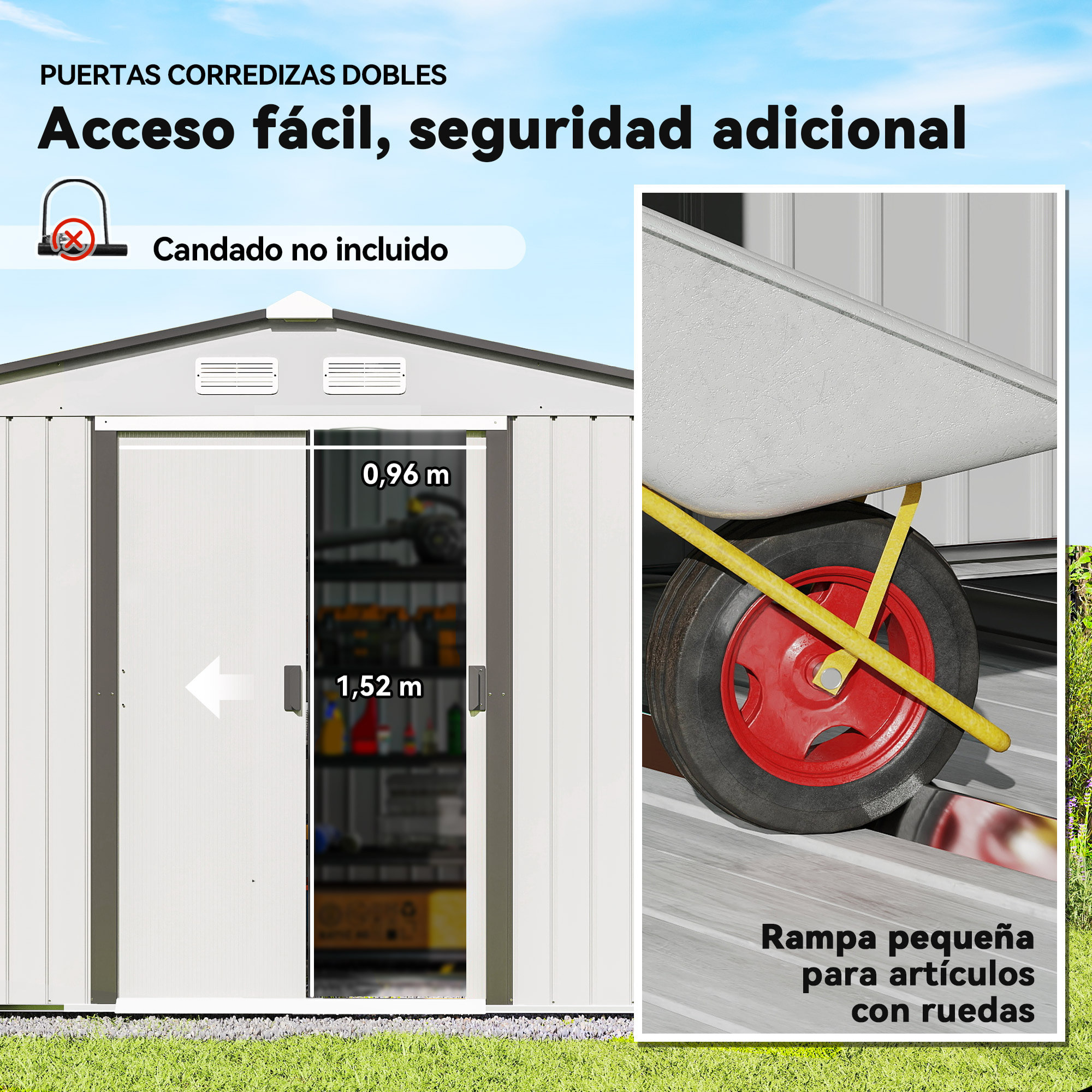 Caseta de Jardín Exterior, 5 m² 277x195x192 cm, Cobertizo de Jardín Exterior Metálico con 2 Puertas Correderas, Base Refuerzo (Suelo NO Incluido) y 4 Ventanas, Plata y Gris