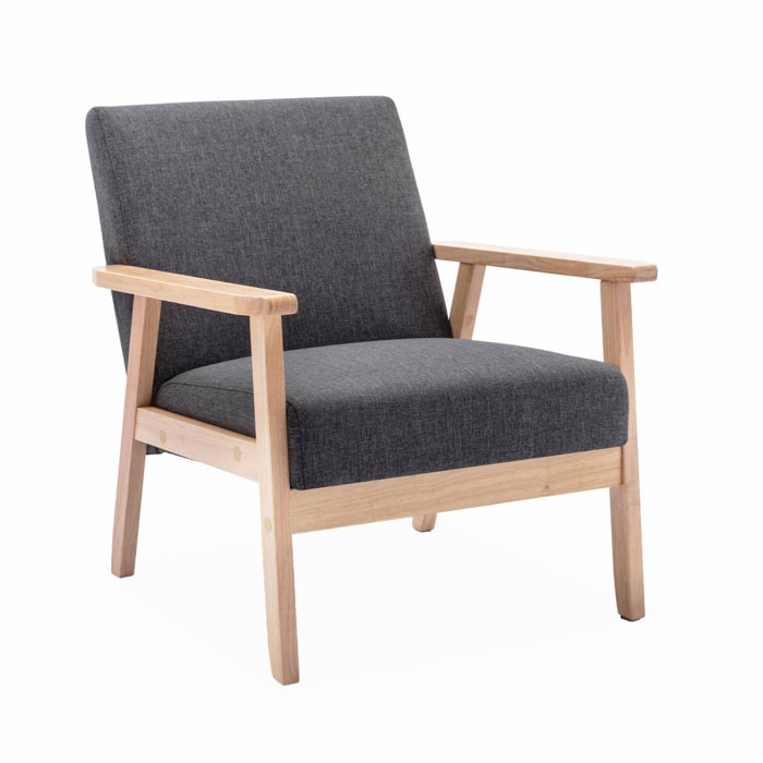 Fauteuil scandinave en bois et tissu gris foncé. Isak. L 64 x P 69.5 x H 73cm