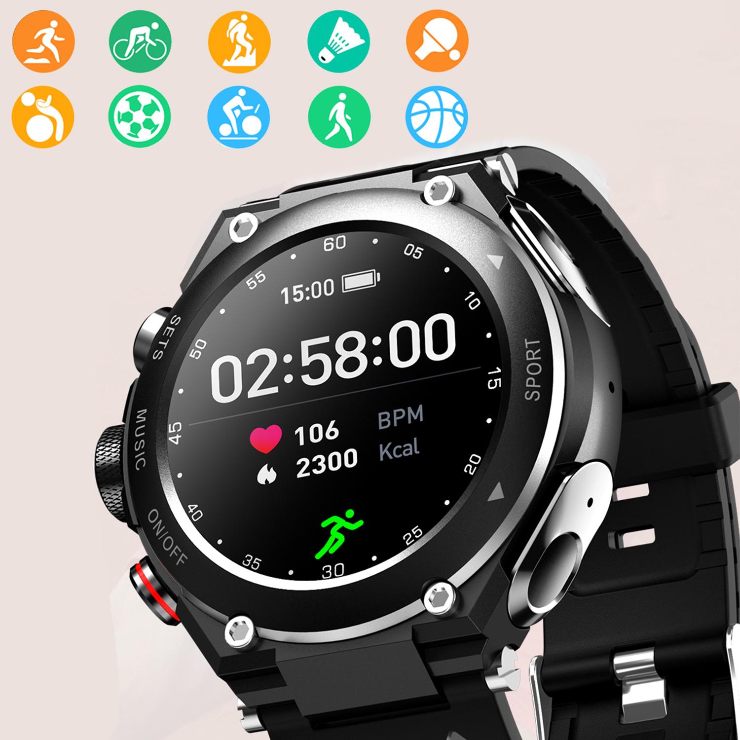 Smartwatch T92 con auriculares TWS integrados y memoria interna para música. Monitor cardiaco y de tensión, O2 en sangre, termómetro.