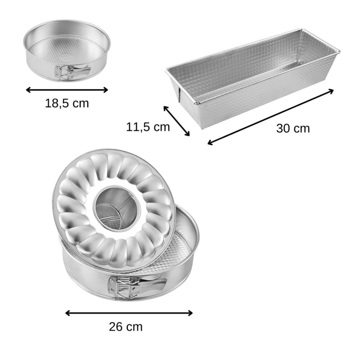 Ensemble de 3 moules à gâteaux avec moule à cake 30 cm + moule manqué 18 cm + moule à manqué et savarin 26 cm Zenker Silver