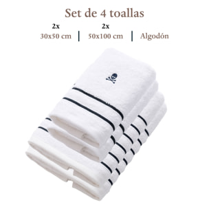 Set de 4 toallas: 2 de invitados (50x30) y 2 de lavabo (100x50) 100% algodón, 470 gsm, blanca con rayas scalpers home