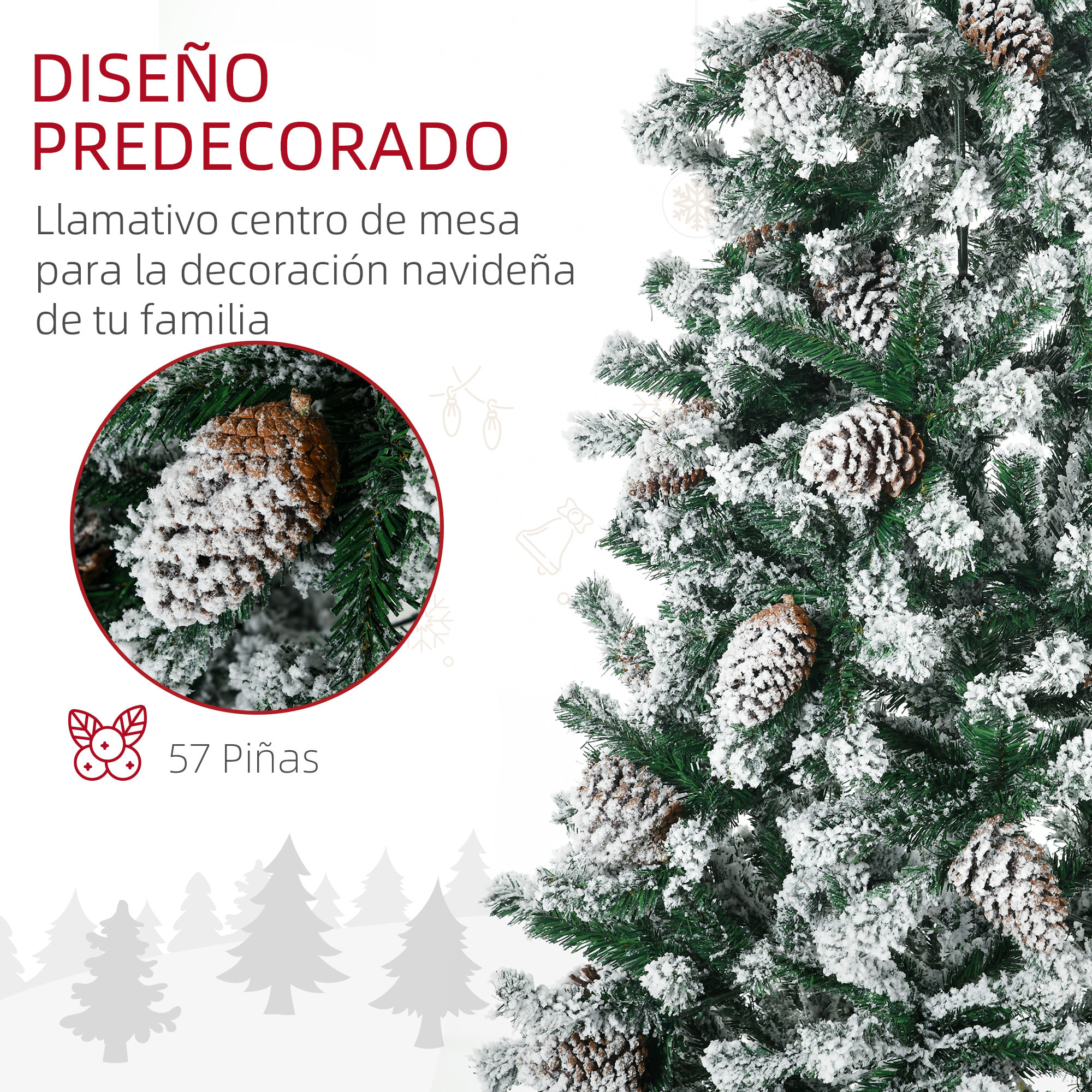 Árbol de Navidad Artificial Altura 180 cm Árbol Nevado con 695 Ramas 57 Piñas Apertura Automática Forma de Torre Base de Acero Plegable Ø104x180 cm Verde