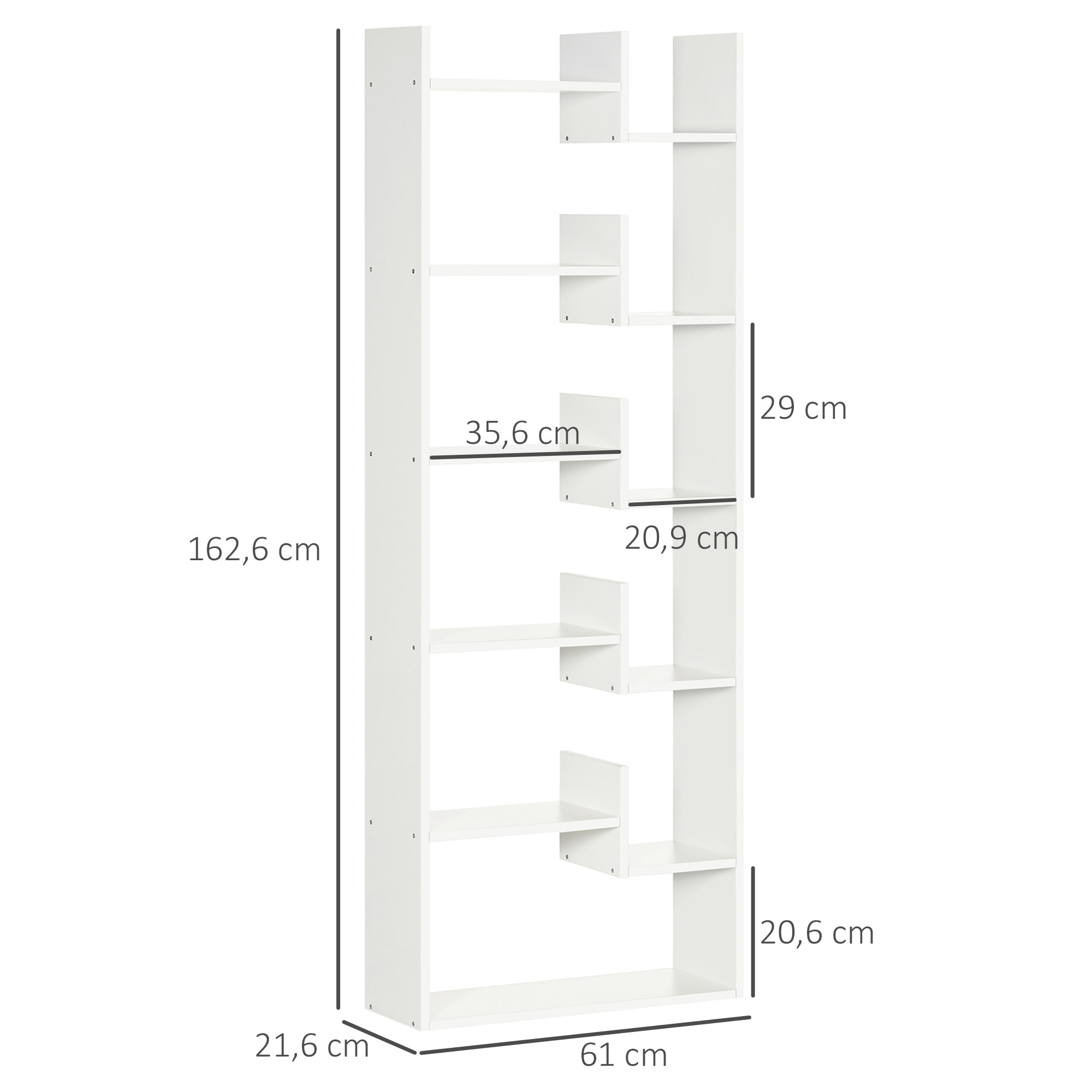 HOMCOM Estantería Librería de 6 Niveles Estantería de Madera con 11 Compartimientos Abiertos para Salón Oficina Estudio Antivuelco Carga 30 kg 61x21,6x162,6 cm Blanco