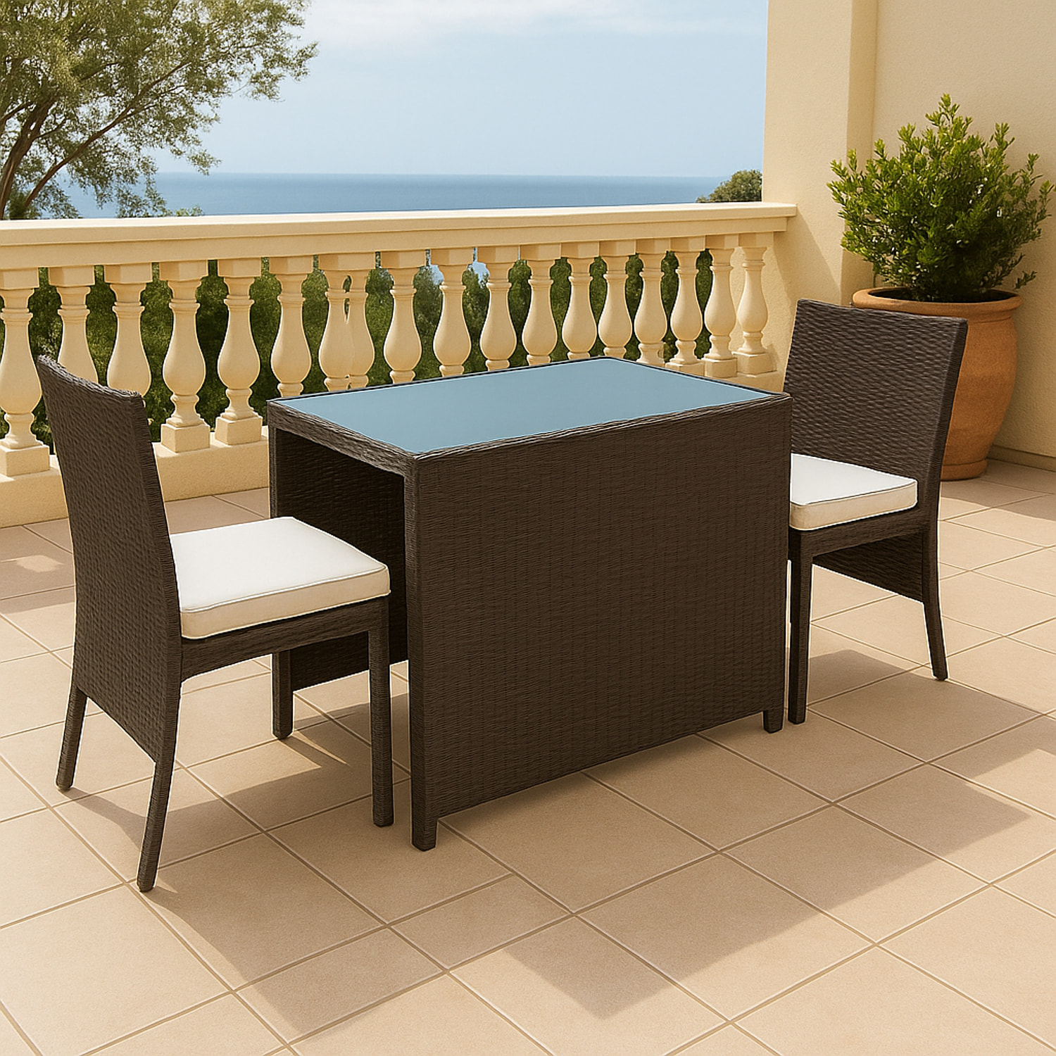 Salon de jardin encastrable SANTORIN en résine tressée marron 2 places - coussins ivoire