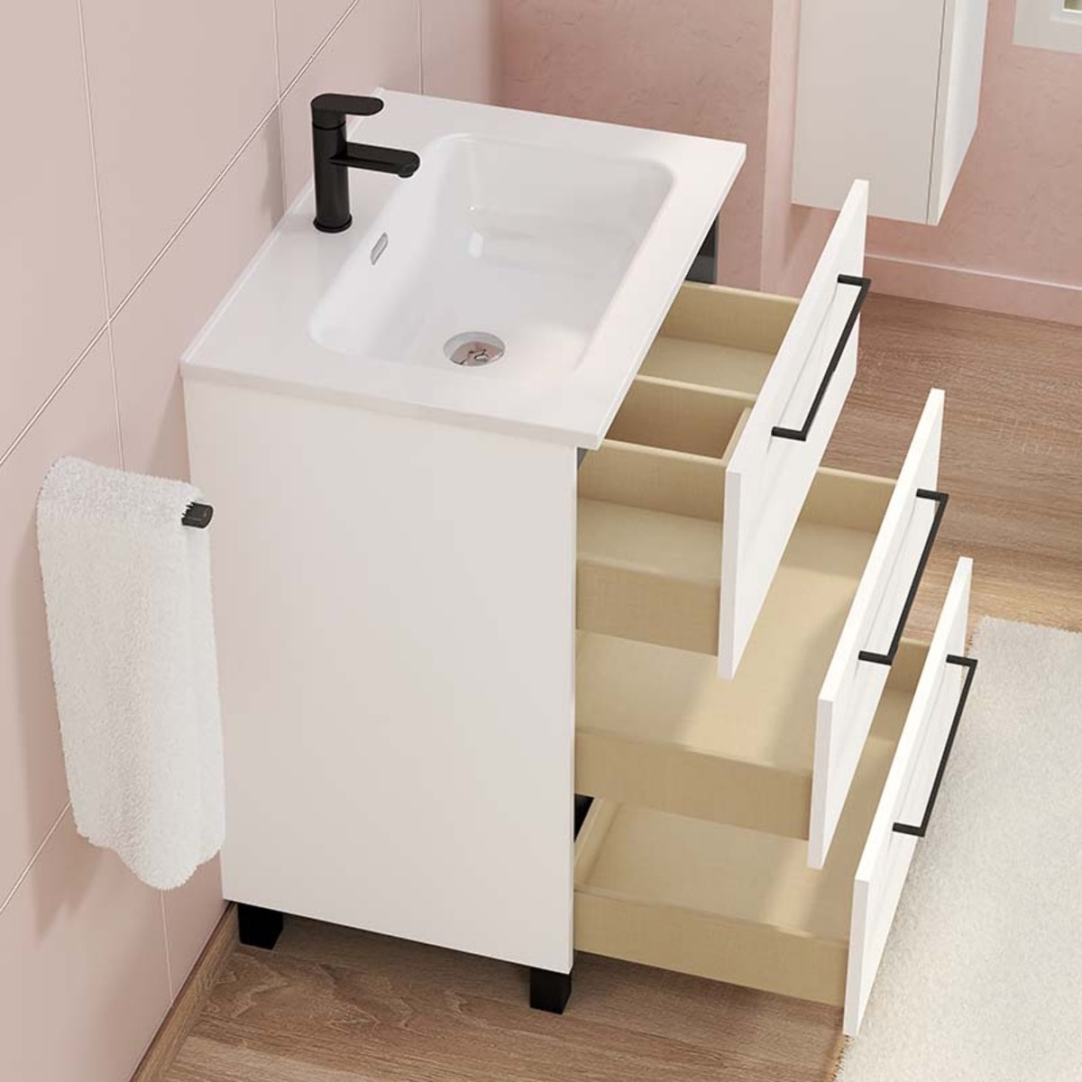 Conjunto de baño Haru | Mueble de baño con patas | 60 cm Blanco| Tres cajones | Lavabo encastrado | No incluye espejo | Alday