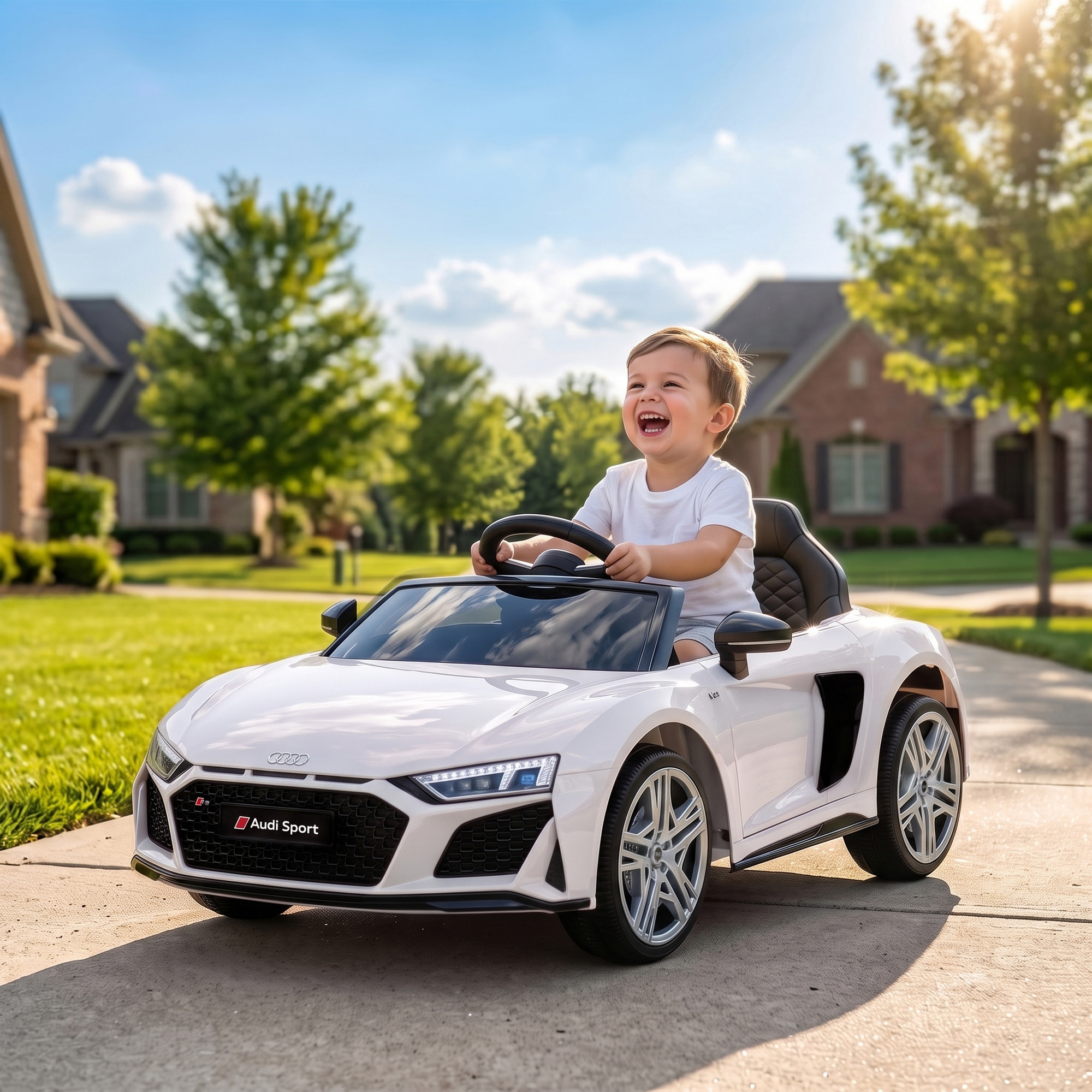 Coche Eléctrico para Niños Audi R8 Spyder Coche de Batería Litio 12V con Mando a Distancia 2,4 G 2 Motores Arranque Suave Suspensión Trasera Música Bocina USB Faros LED +3 Años 3-5km/h Blanco