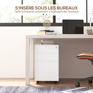 Caisson de bureau rangement bureau sur roulettes 3 tiroirs coulissants verrouillables trieur à dossiers acier blanc