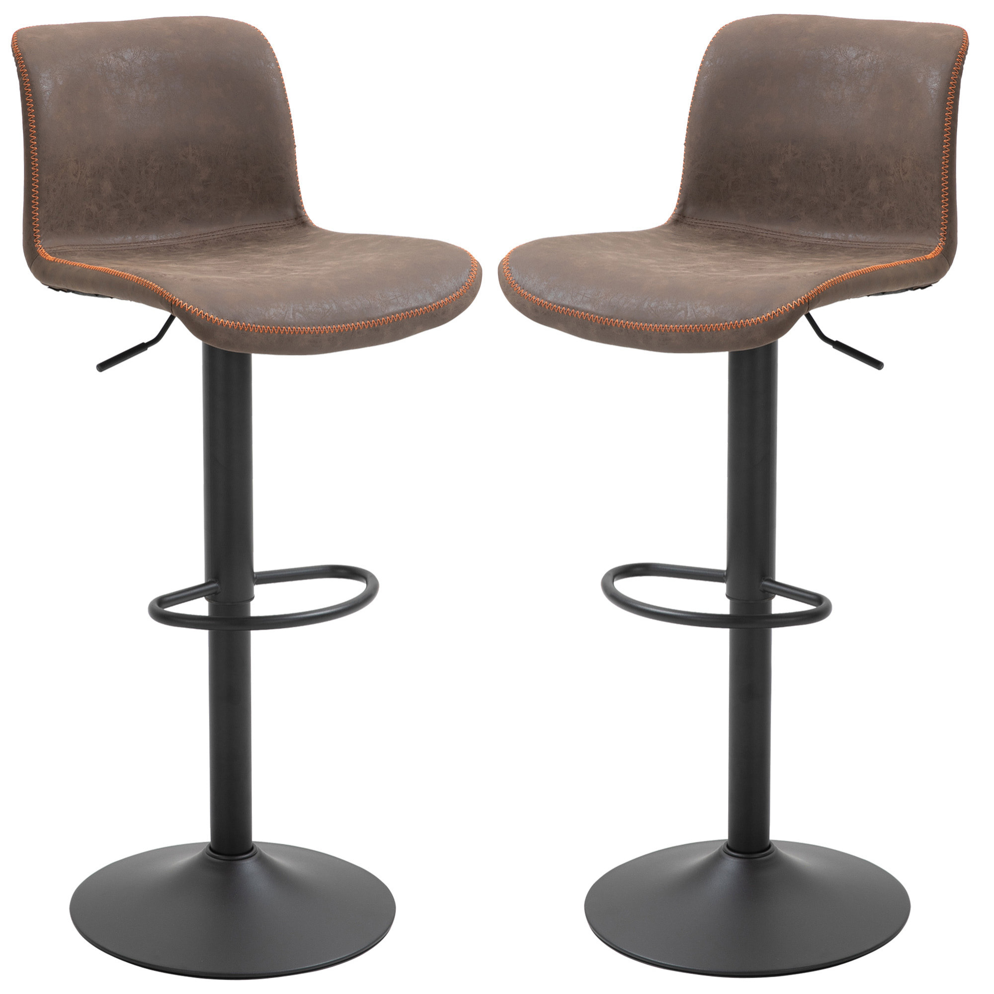 Lot de 2 tabourets de bar Vintage réglable pivotant avec repose-pied PU marron surpiqûre orange