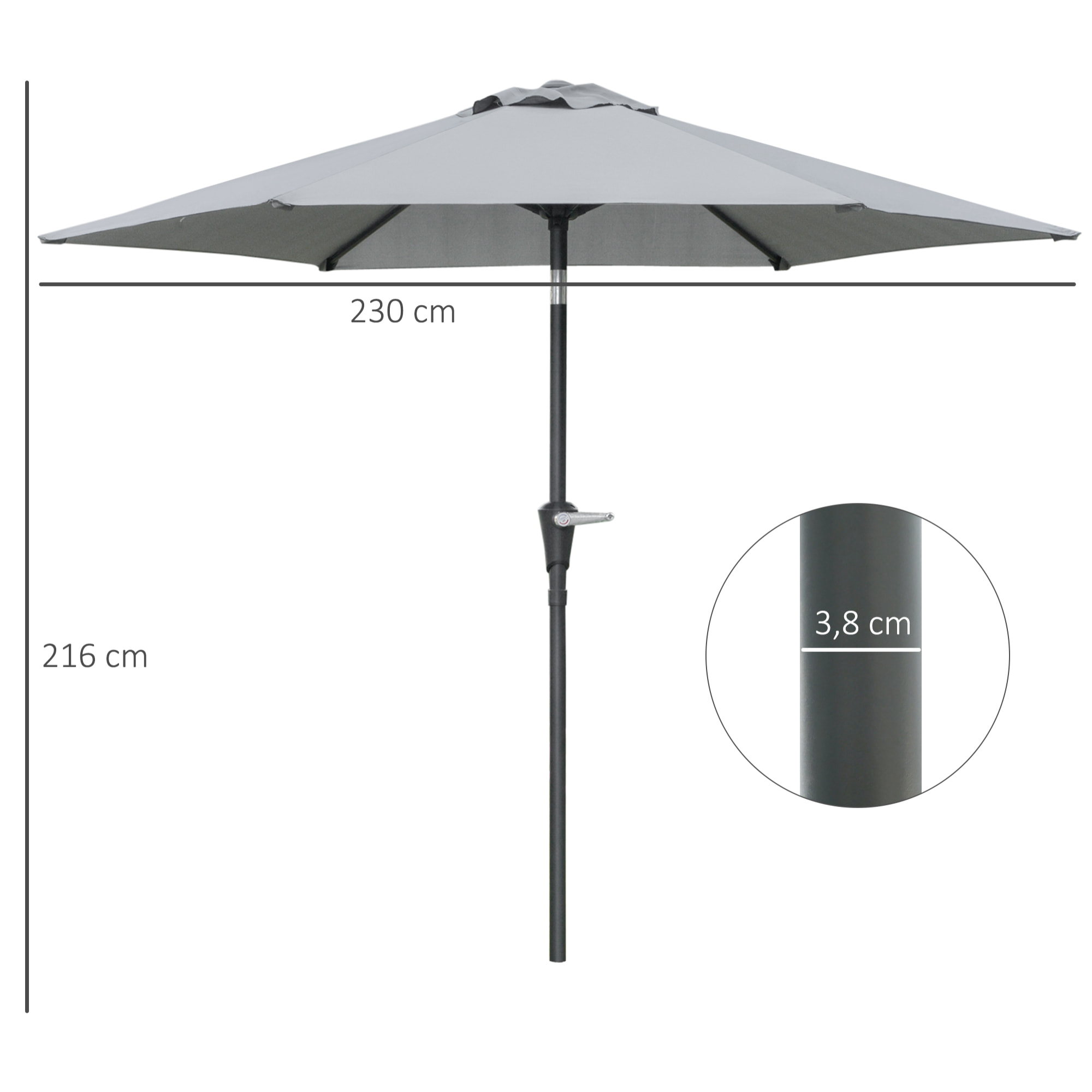 Sombrilla Terraza Exterior Ø230 cm Sombrilla de Jardín con Ángulo Ajustable y Manivela Impermeable Parasol para Patio Terraza Gris
