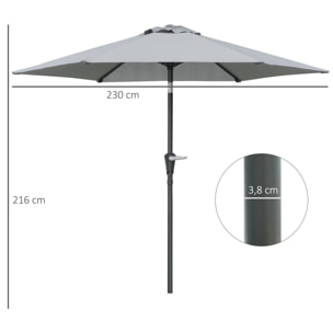 Sombrilla Terraza Exterior Ø230 cm Sombrilla de Jardín con Ángulo Ajustable y Manivela Impermeable Parasol para Patio Terraza Gris