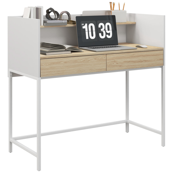 Escritorio Moderno Mesa de Escritorio con 2 Cajones y Estante Mesa de Estudio para Oficina Dormitorio 106x51,5x102,5 cm Blanco y Roble