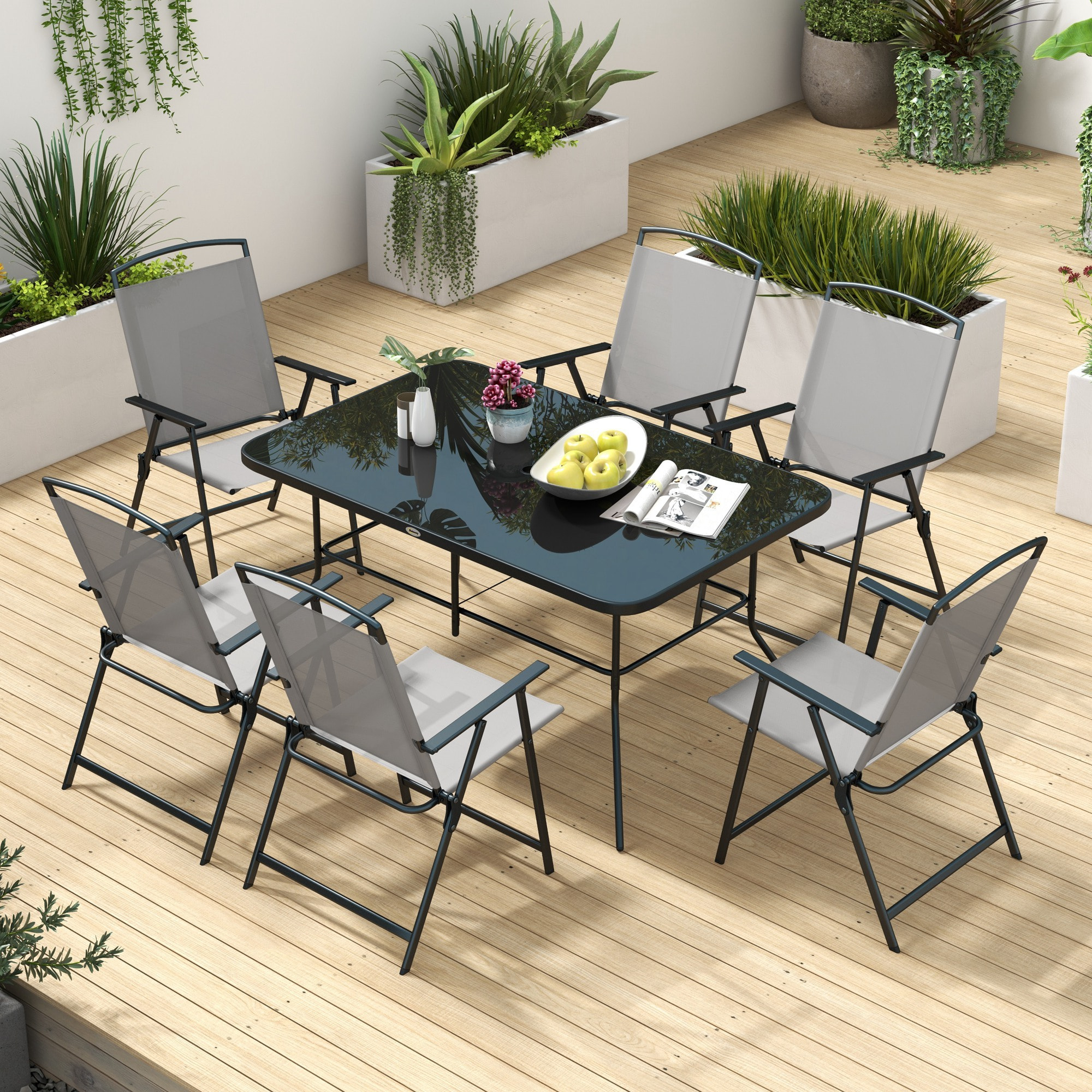 Conjunto de Muebles de Jardín de 7 Piezas Conjunto de Comedor de Exterior con 6 Sillas Plegables y Mesa de con Orificio para Sombrilla para Terraza Exterior Gris