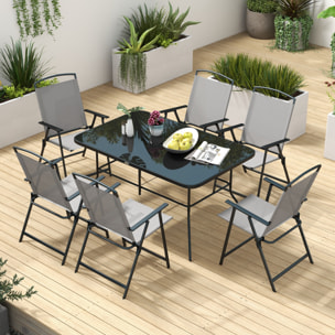 Conjunto de Muebles de Jardín de 7 Piezas Conjunto de Comedor de Exterior con 6 Sillas Plegables y Mesa de con Orificio para Sombrilla para Terraza Exterior Gris