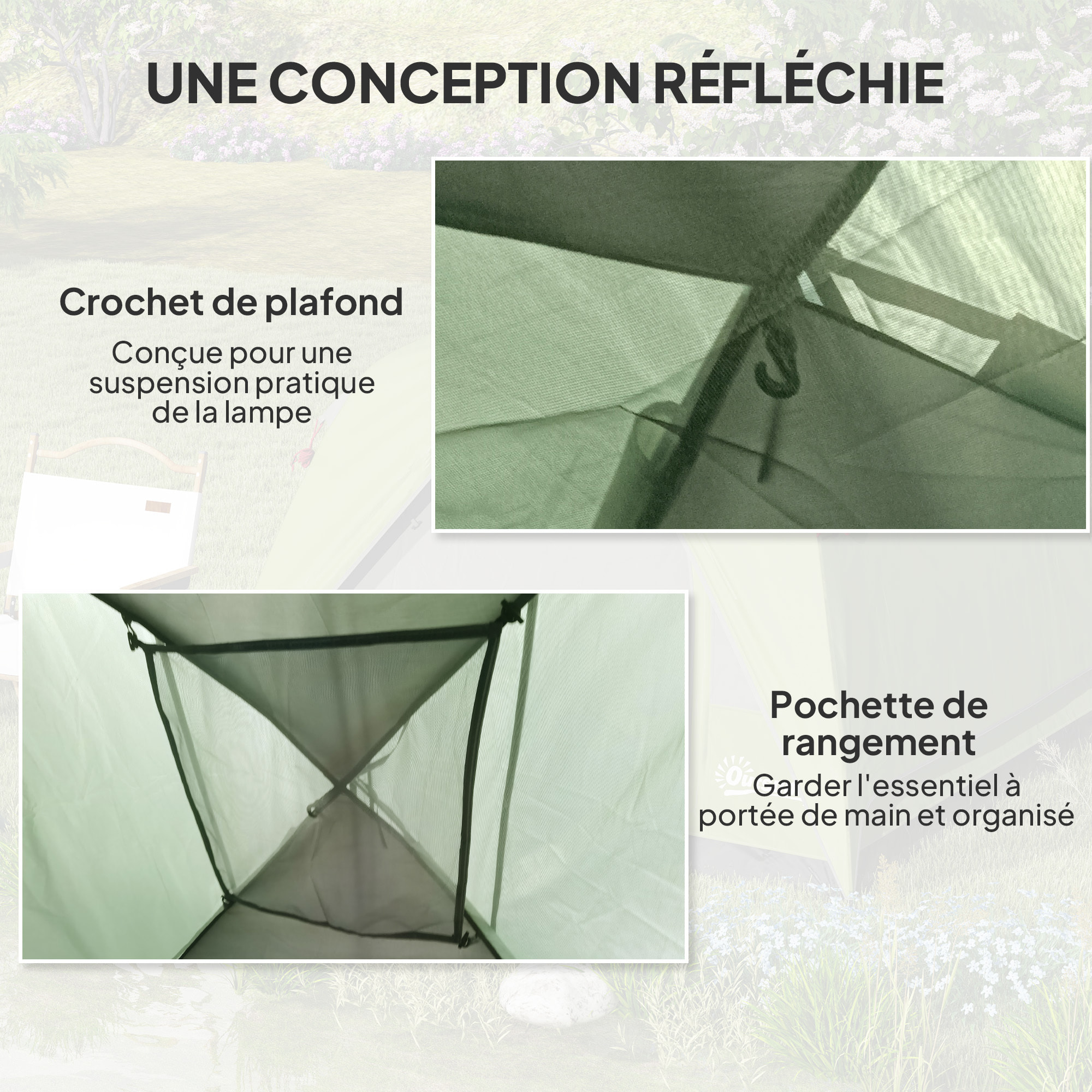 Tente de camping 2-3 personnes fenêtres, poche, sac de transport et crochet imperméabilité 3000 mm vert olive
