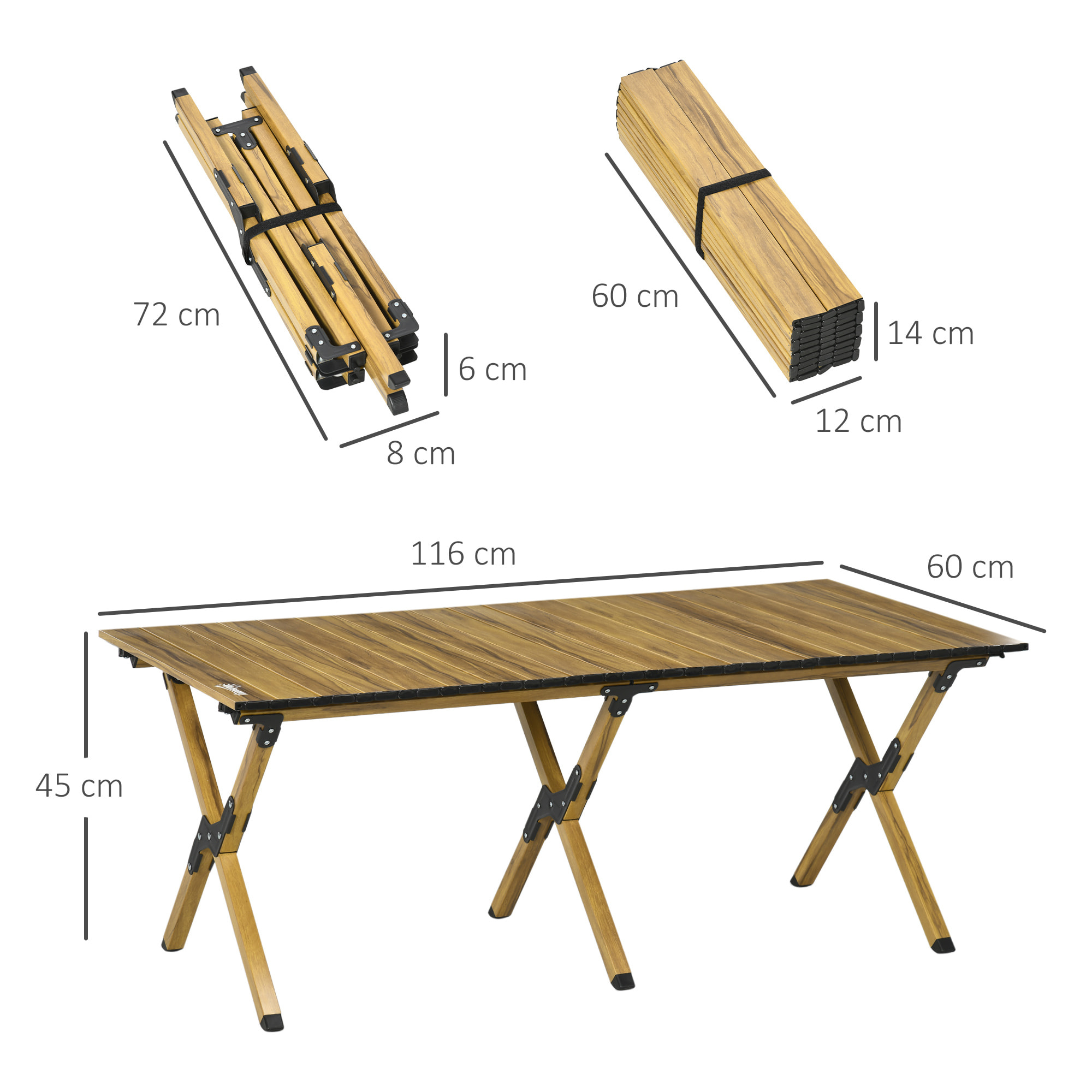 Table de camping pique-nique jardin pliable en aluminium avec sac de transport - dim. 116L x 60l x 45H cm - aspect bois