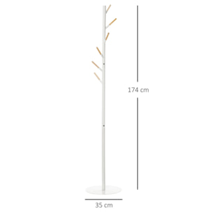 HOMCOM Perchero de Pie de Madera Perchero de Árbol con 6 Ganchos para Ropas Bolsas y Marco de Metal para Salón Entrada Dormitorio 35x35x174 cm Blanco