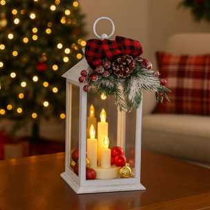 farolillo decorativo navideño con luz led cálida imitación velas en diseño blanco con lazo y ramitas h.29cm