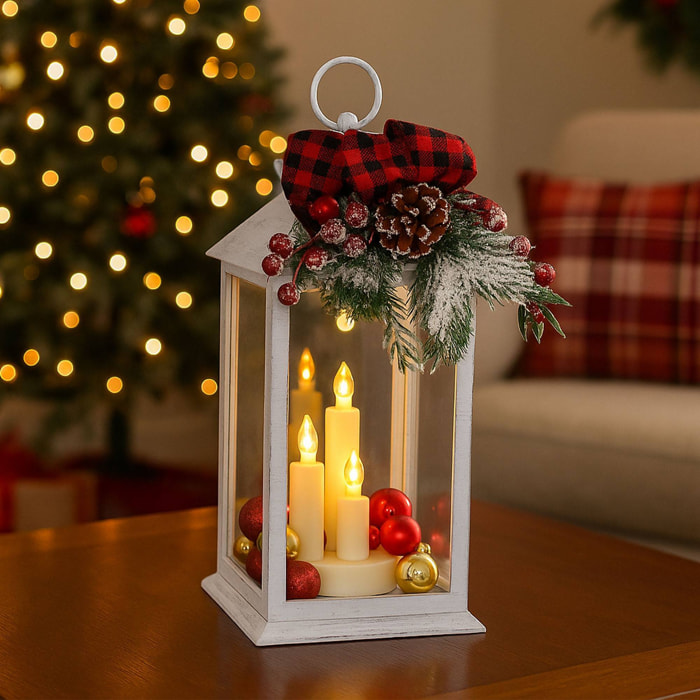 farolillo decorativo navideño con luz led cálida imitación velas en diseño blanco con lazo y ramitas h.29cm