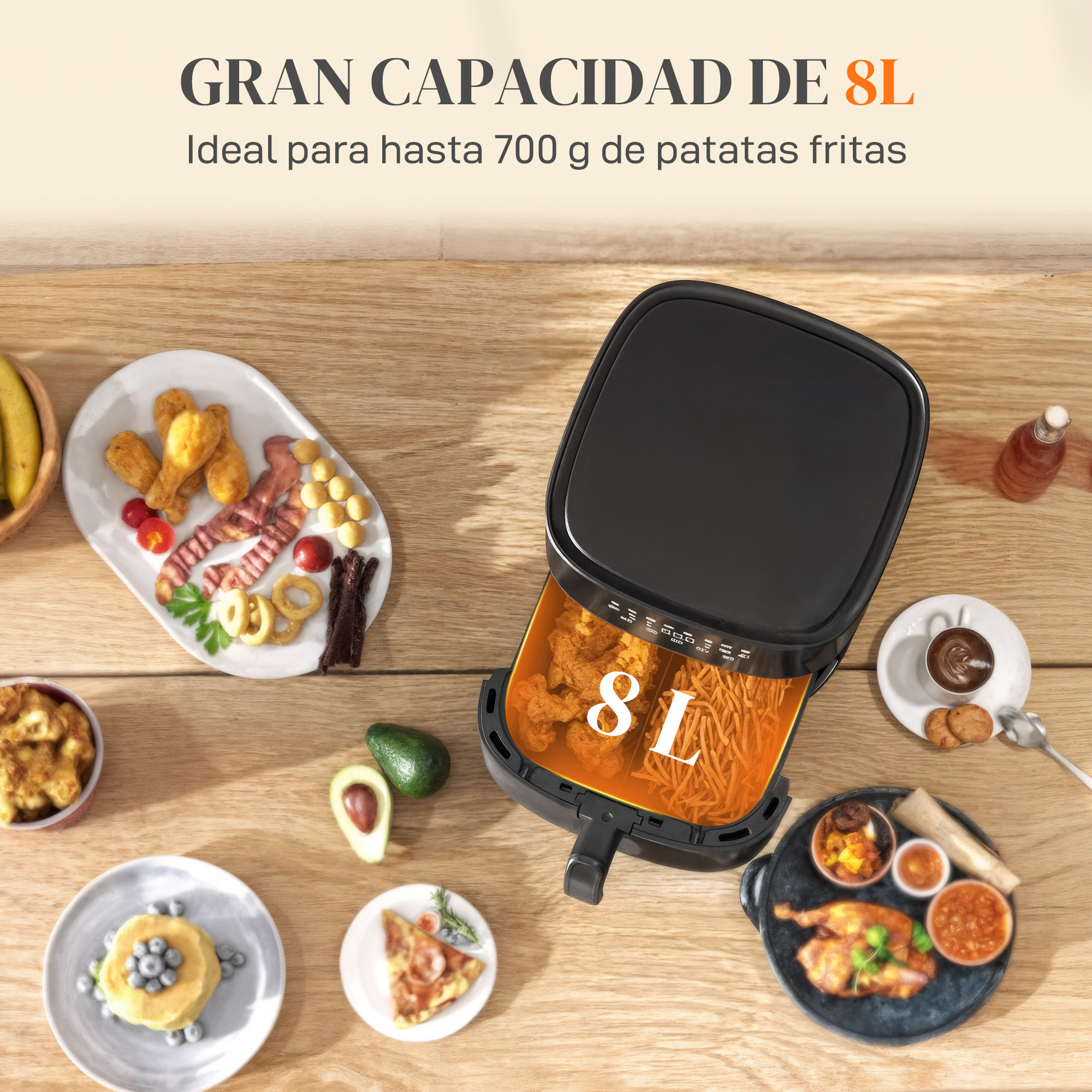 Freidora de Aire 8 L Air Fryer 1700 W Circulación de Aire Caliente a 360° Temperatura Regulable 80-200°C 8 Programas Panel Táctil Temporizador Negro