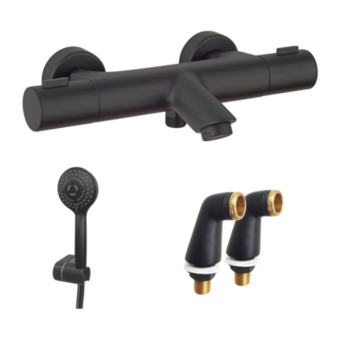 Mitigeur bain douche thermostatique PAINI Ruby + Minikit douchette 3 jets rond Ruby + Colonnettes Noir mat