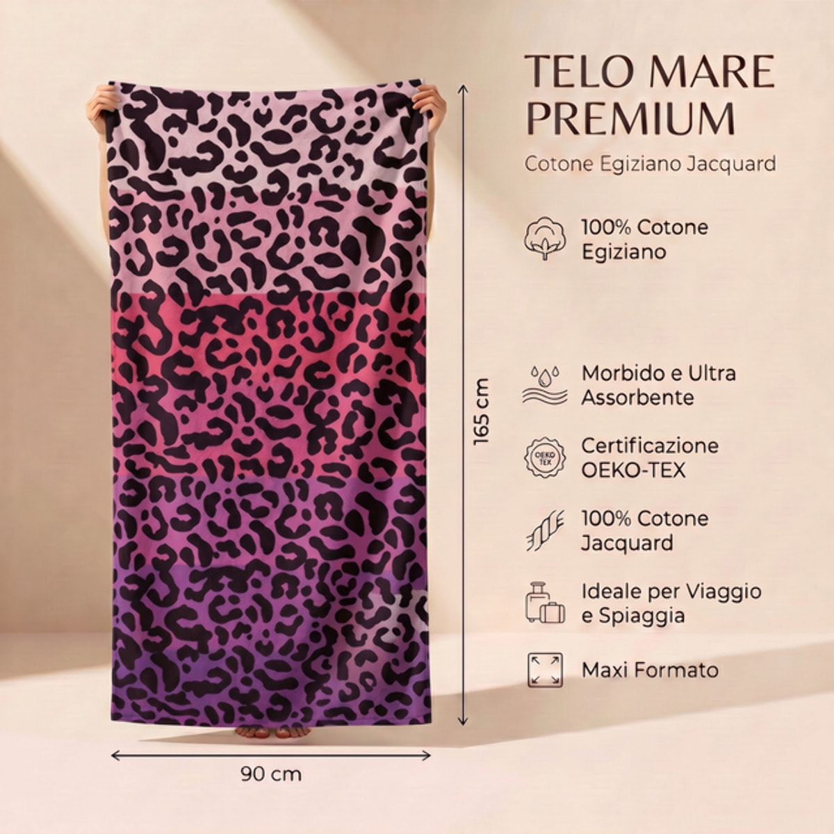 Telo mare in spugna, 90x165 cm, 100% cotone egiziano, morbido e super assorbente, asciugamano spiaggia grande ad asciugatura rapida, fantasia colorata resistente ai lavaggi, ideale per mare piscina vacanze e viaggio