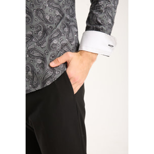 Camicia Uomo 2 Bottoni Button Down Doppio Coll Popeline Stretch Stampato Grigio Scuro/Nero
