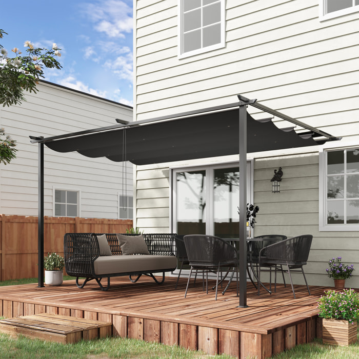 Pérgola de Pared de Jardín 4x3 m Gazebo Exterior Cenador con Techo Retráctil Tela de Poliéster y Marco de Acero para Patio Terraza Balcón Gris Oscuro