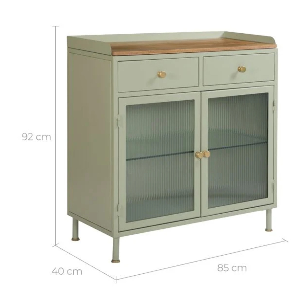 Buffet 2 portes 2 tiroirs en métal vert, manguier et verre - Marnie