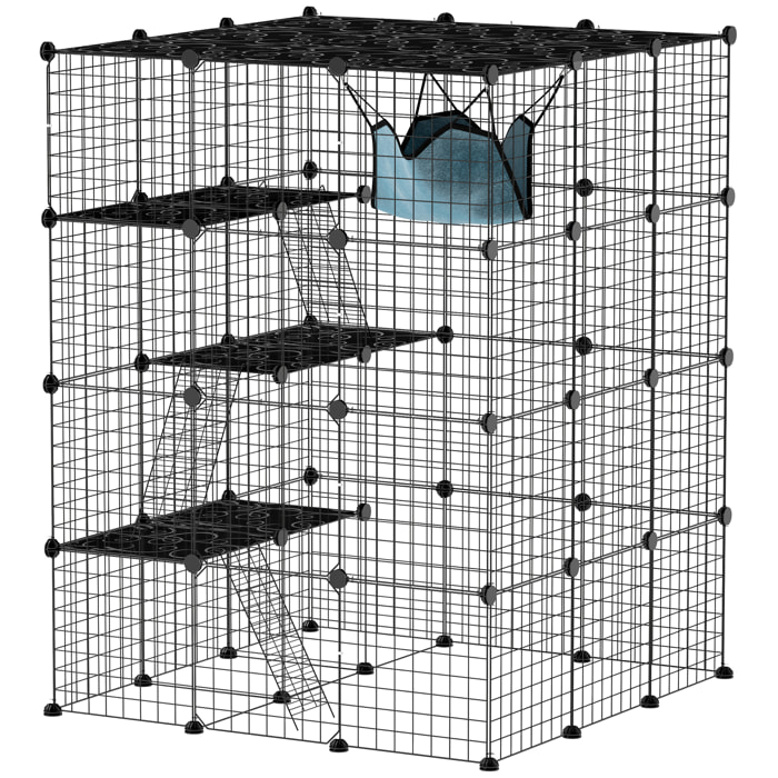 Jaula Grande para Gatos Interior, Recinto para Gatos de 4 Niveles con 5 Puertas, 3 Plataformas de Salto, 3 Rampas, Hamaca, Parque para Mascotas, 105x105x140 cm, Negro