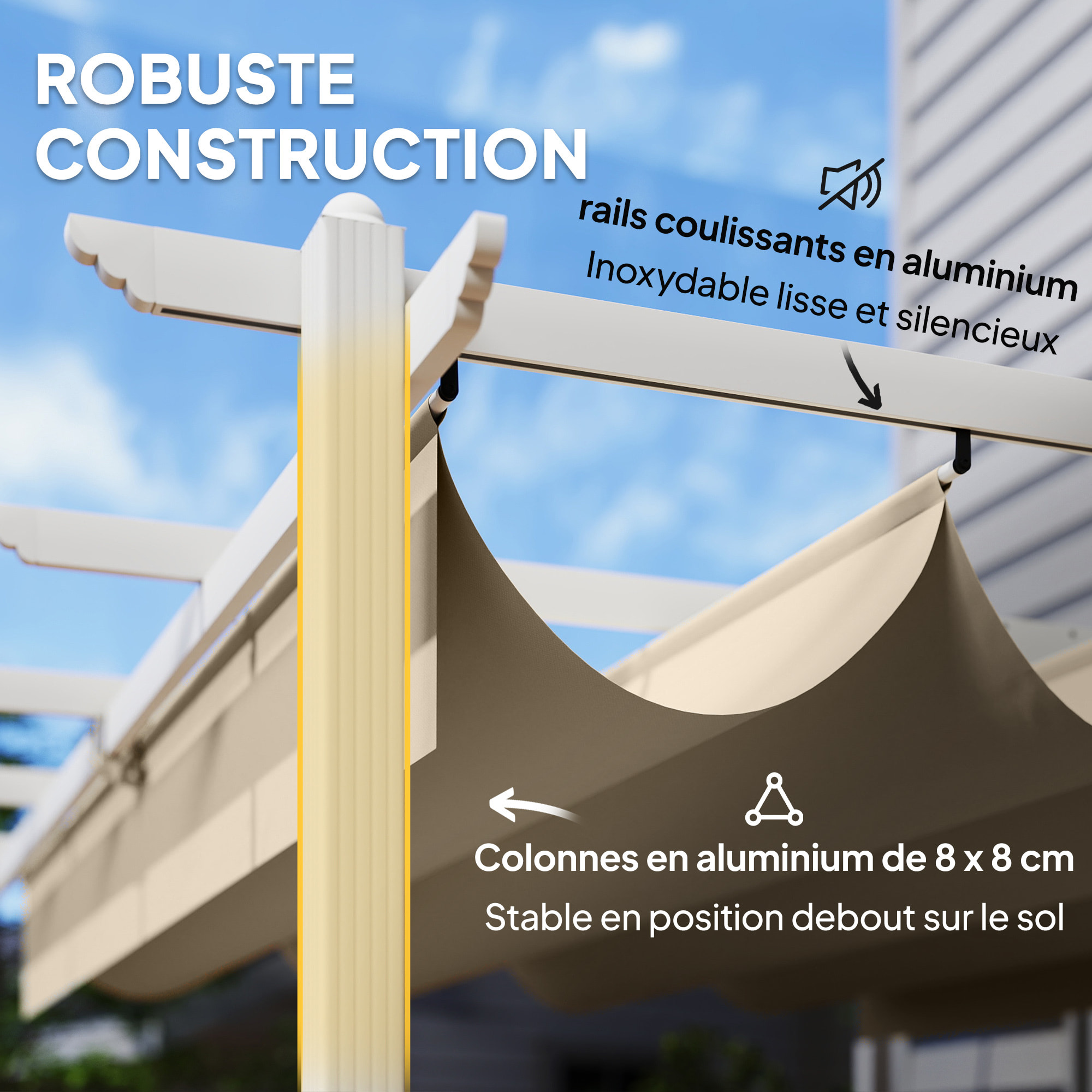 Pergola toit rétractable toile coulissante magnétique aluminium beige