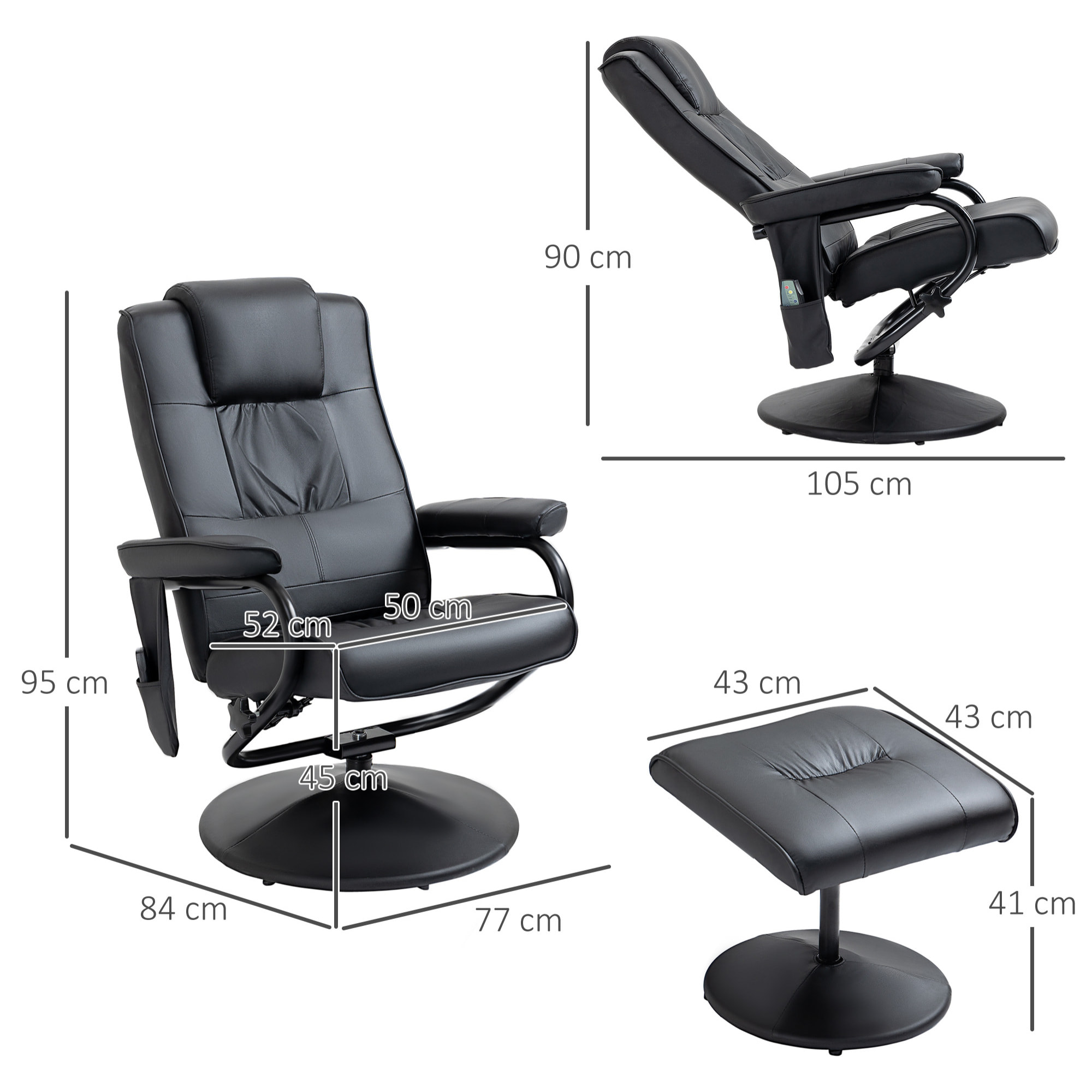 Fauteuil de massage et relaxation électrique pivotant inclinable avec repose-pied revêtement synthétique noir