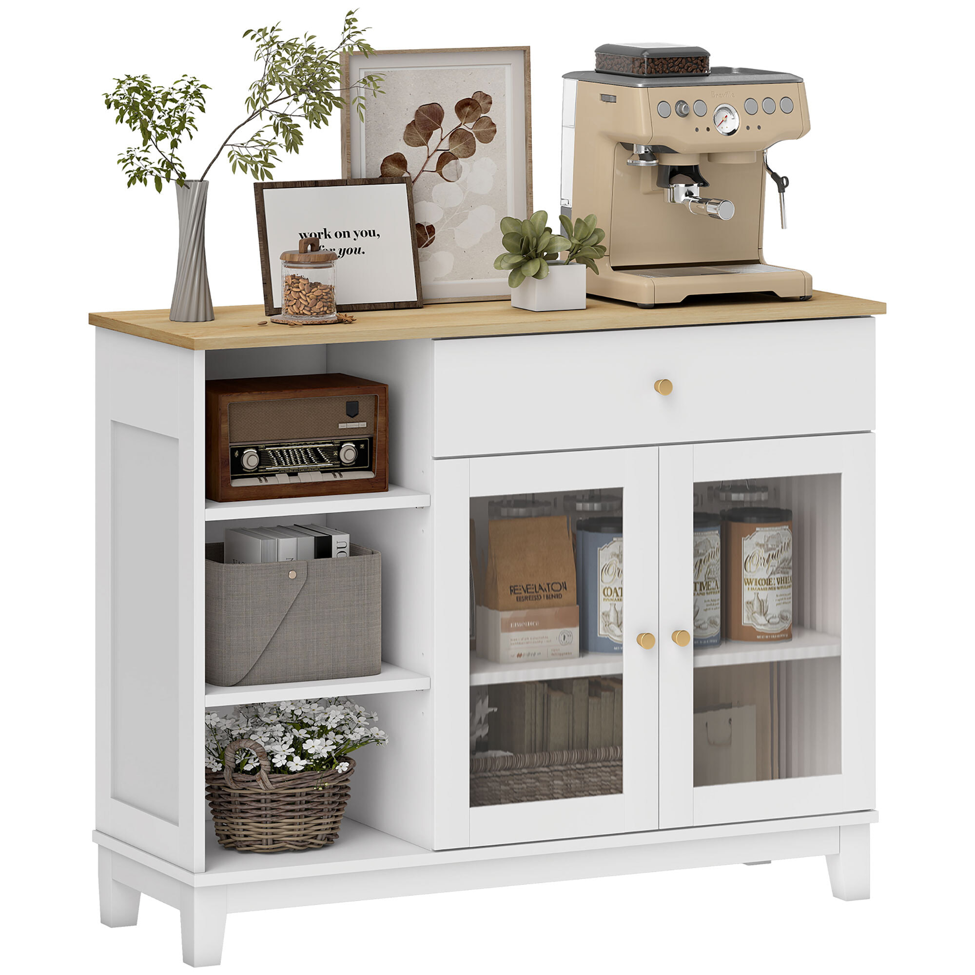 Aparador 2 Puertas de Vidrio Aparador para Salón Moderno con Cajón Compartimentos Abiertos y Estantes Ajustables para Comedor Entrada Blanco 100x35x80,3 cm