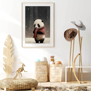 Affiche enfant panda sous la neige  Affiche + cadre en bois - Chêne