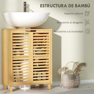 Mueble Bajo Lavabo, Mueble de Baño de Bambú con 2 Puertas de Lamas, Estante Ajustable, para Lavabos con o sin Pedestal, 60x30x80 cm, Natural