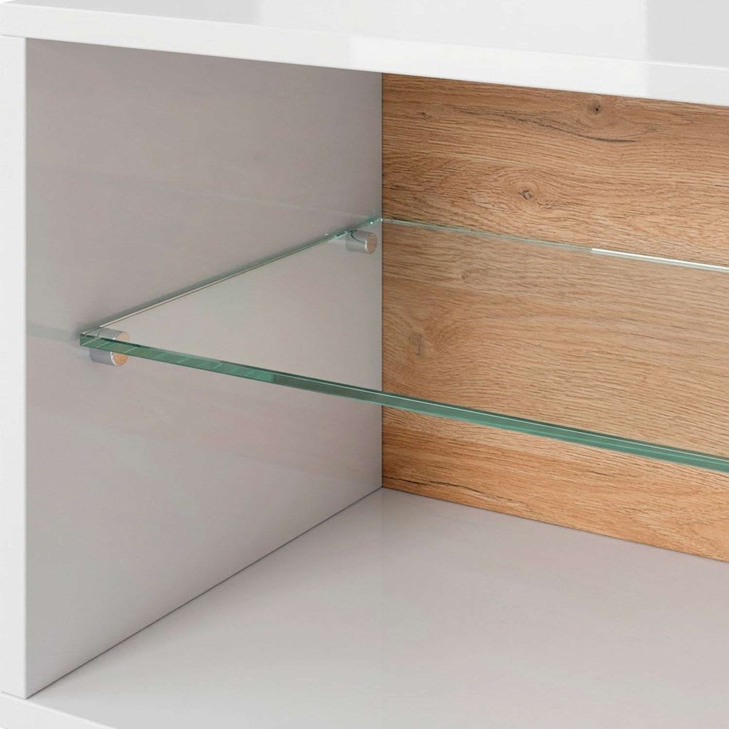 Porta TV Mobile Soggiorno Mobiletto Moderno Con Anta A gola E Vano Con Ripiano In Vetro Salvaspazio 45.5 x 40 x 187.5 Cm Bianco Lucido E Rovere