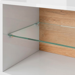 Porta TV Mobile Soggiorno Mobiletto Moderno Con Anta A gola E Vano Con Ripiano In Vetro Salvaspazio 45.5 x 40 x 187.5 Cm Bianco Lucido E Rovere