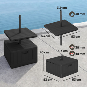 Base para Sombrilla Exterior 3 en 1, Mesa Auxiliar Ajustable, Macetero con Orificio de Drenaje, Soporte de Parasol Rellenable Arena 80 kg con Ruedas y Asas, para Postes Ø38 y Ø48 mm, Negro