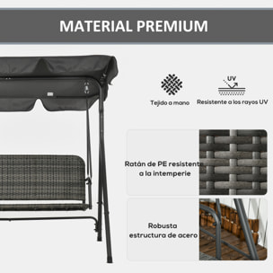 Columpio de Jardín Exterior de 3 Plazas Balancín de Jardín Exterior con Toldo Ajustable Asiento de Ratán PE y Reposabrazos para Balcón Terraza Patio Carga 240 kg 167x112x153 cm Gris