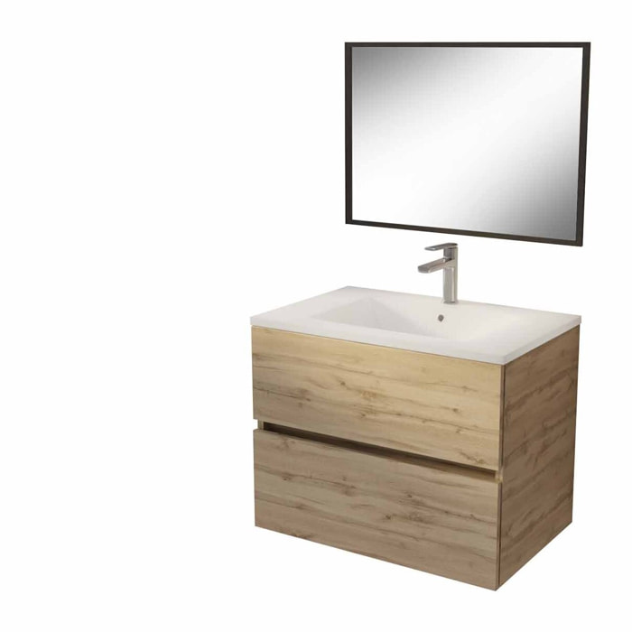 Meuble de salle de bains 70cm TIMBER Décor Chêne Naturel 2 Tiroirs Vasque Blanche et Miroir 70x50