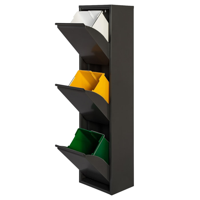 Well home - cubo de basura y reciclaje metálico de 3 compartimentos, 3x17l (51l) negro mate