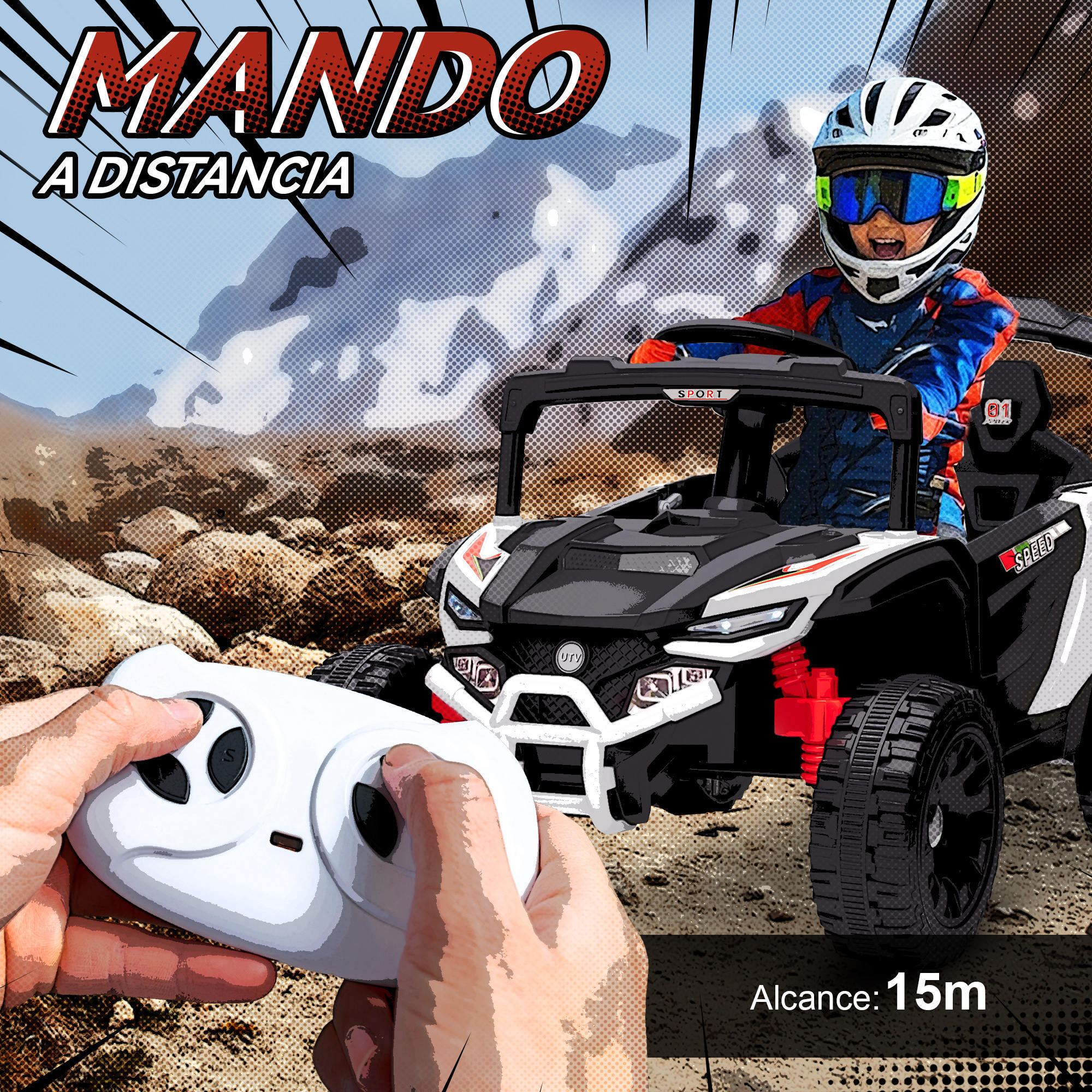 Coche Eléctrico para Niños 12V, Coche de Batería UTV con 2 Motores, Control Remoto 2,4G, 3-5 km/h, Suspensión Trasera, Faros, Música, para Niños de 3-5 Años, Blanco