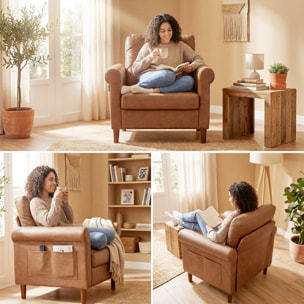 Sillón Relax, Sofá Individual, Tapizado en PU, Cojín Grueso, Respaldo con Costuras, Asiento Amplio, Patas de Madera Maciza para Salón, Dormitorio y Oficina, 82x71x84 cm, Marrón