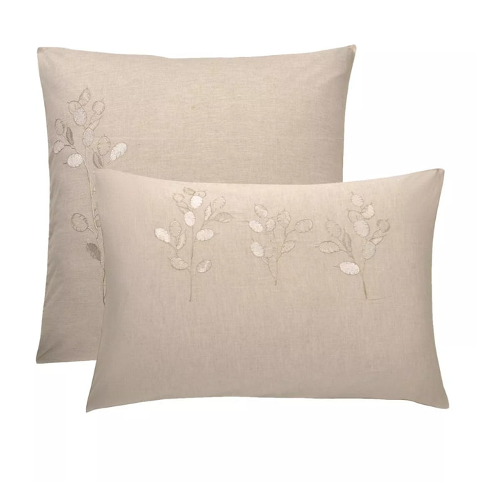 Taie d'oreiller pur coton lavé tissé teint brodé beige Monnaie du pape naturel