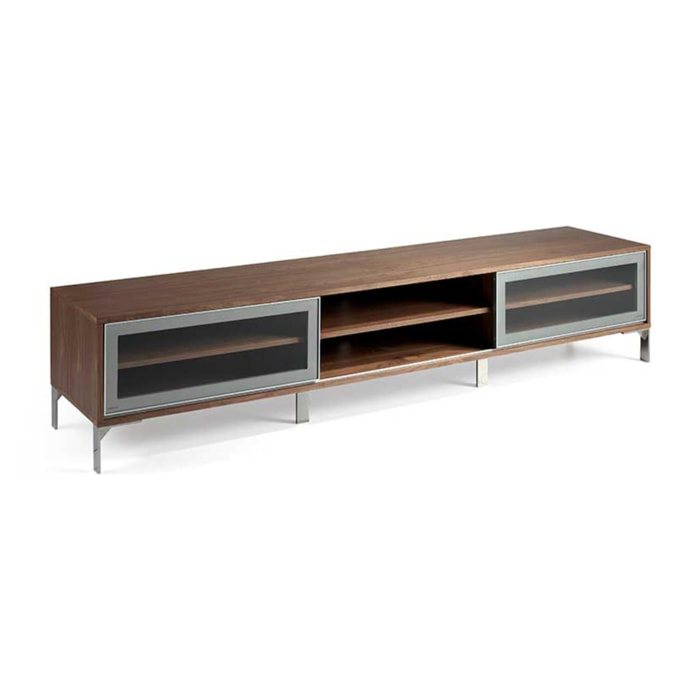 Mueble TV ARGEL - 2 estantes, puertas correderas cristal - nogal y plata - 240x55x50cm