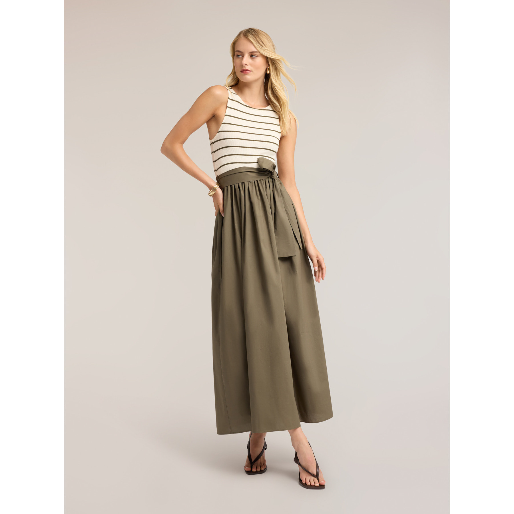 Motivi - Vestito con gonna in popeline e top a righe - Verde militare