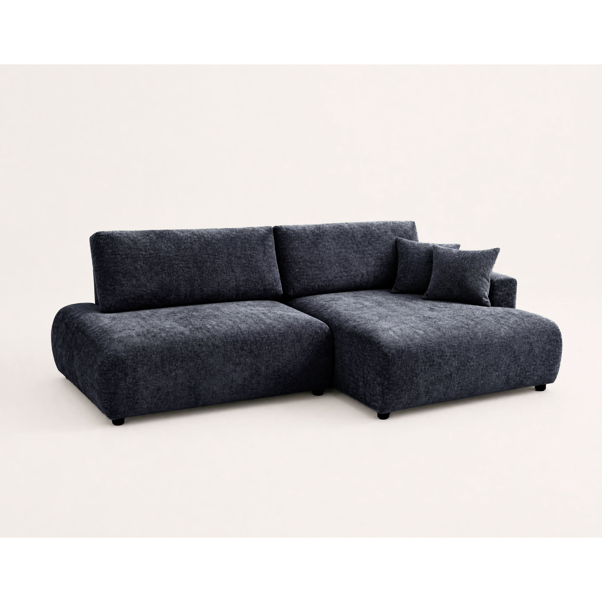 Pivoine - Canapé d'angle ouvert droit 4 places convertible avec coffre en tissu texturé - Bleu marine