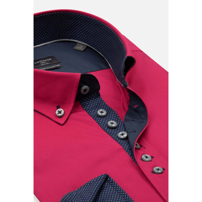 Camicia Uomo 1 Bottoni Button Down Slim Popeline Stretch Unito Fucsia