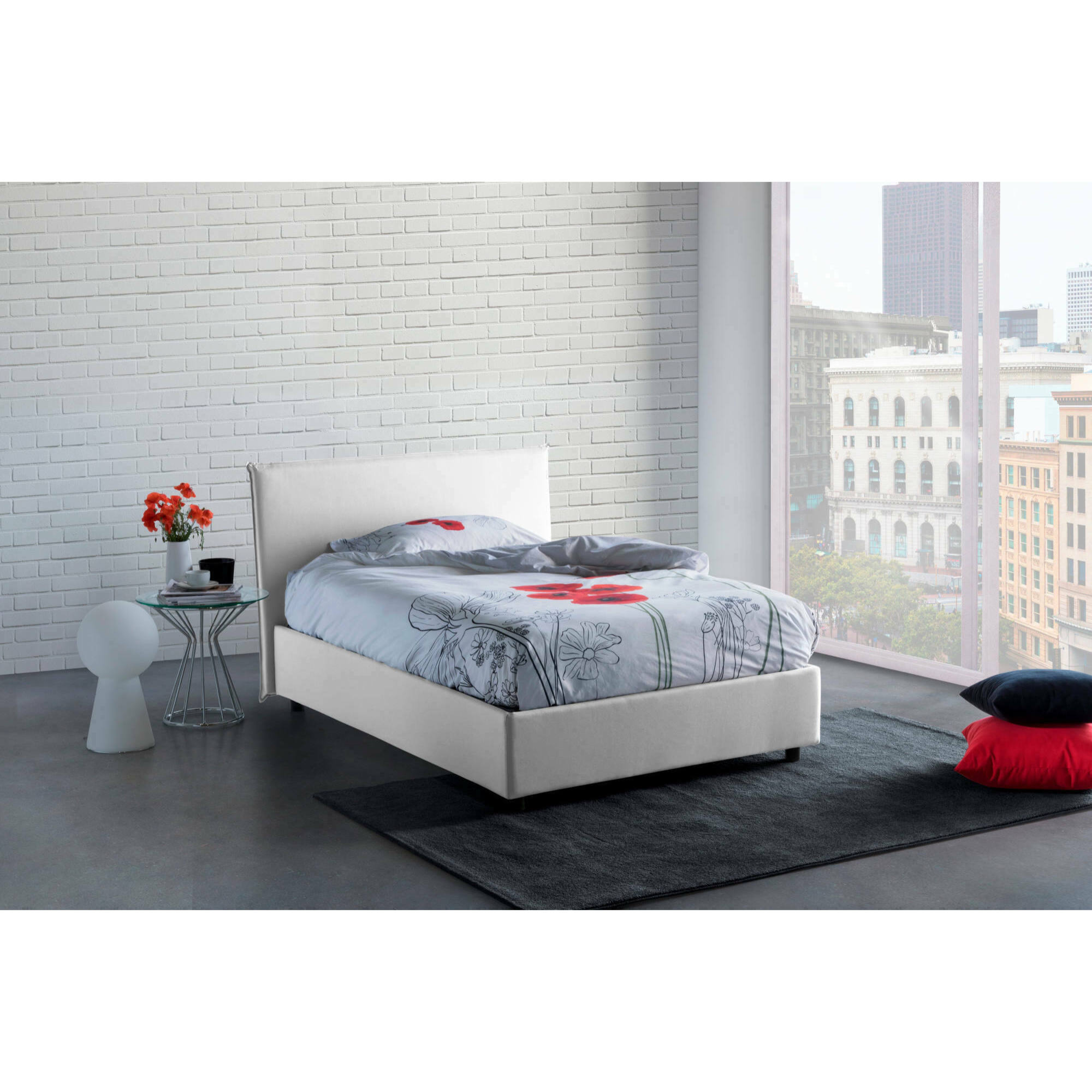 Letto piazza e mezza Chicca, Letto contenitore con rivestimento in tessuto, 100% Made in Italy, Apertura frontale, con materasso Cm 120x200 incluso, Bianco