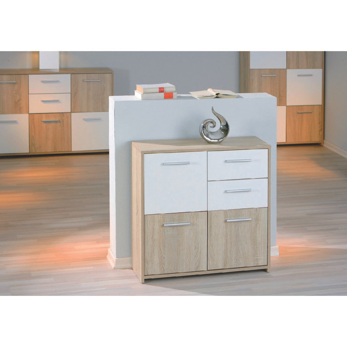 Credenza a tre ante e due cassetti, colore bianco e rovere, Misure 77 x 77 x 30 cm