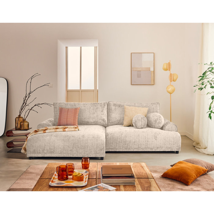 Nelly - canapé d'angle gauche 4 places convertible avec coffre en velours texturé - Beige